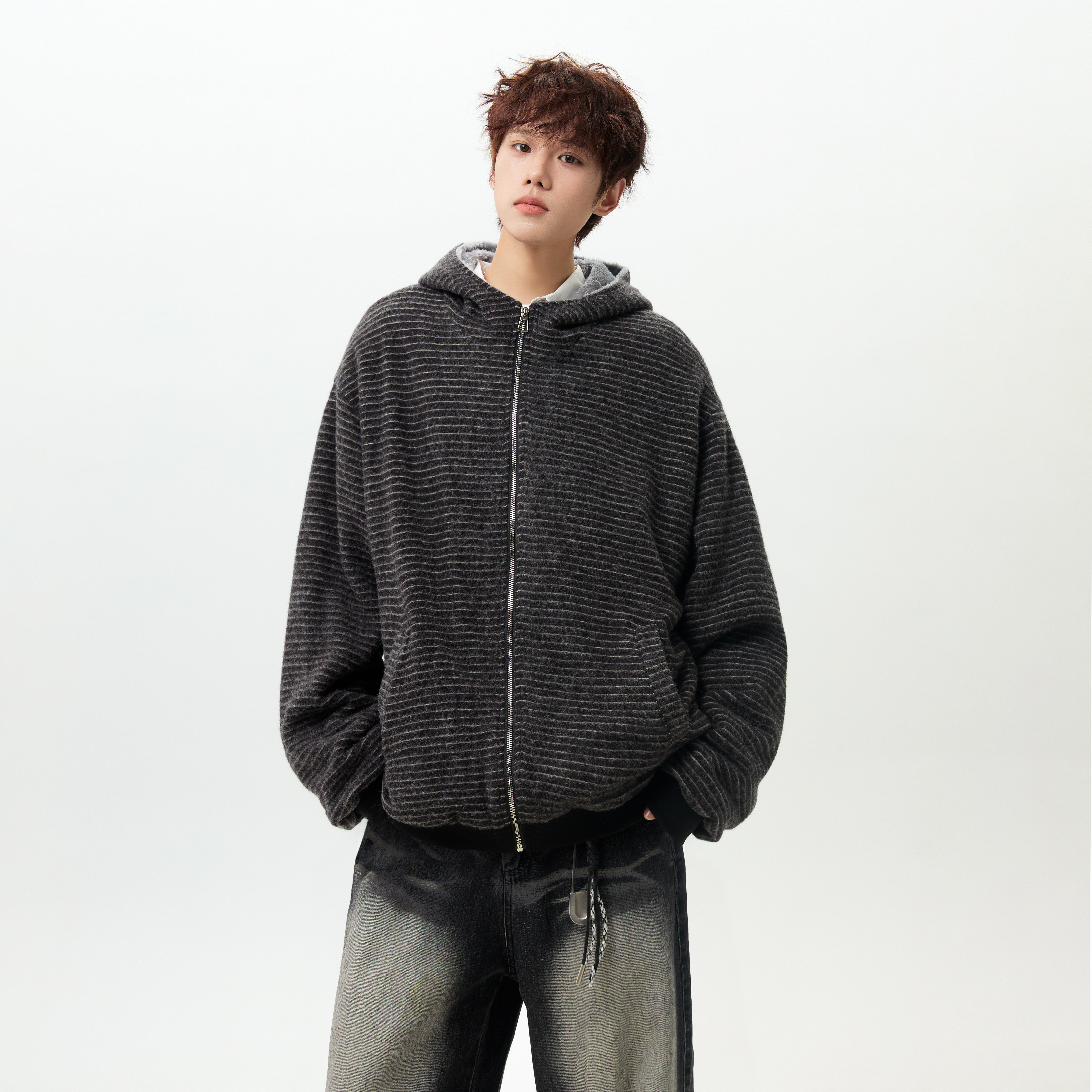 潮流条纹绒毛连帽外套棉服A425-Y532-P138控178面料聚酯,男装棉衣,电商A425