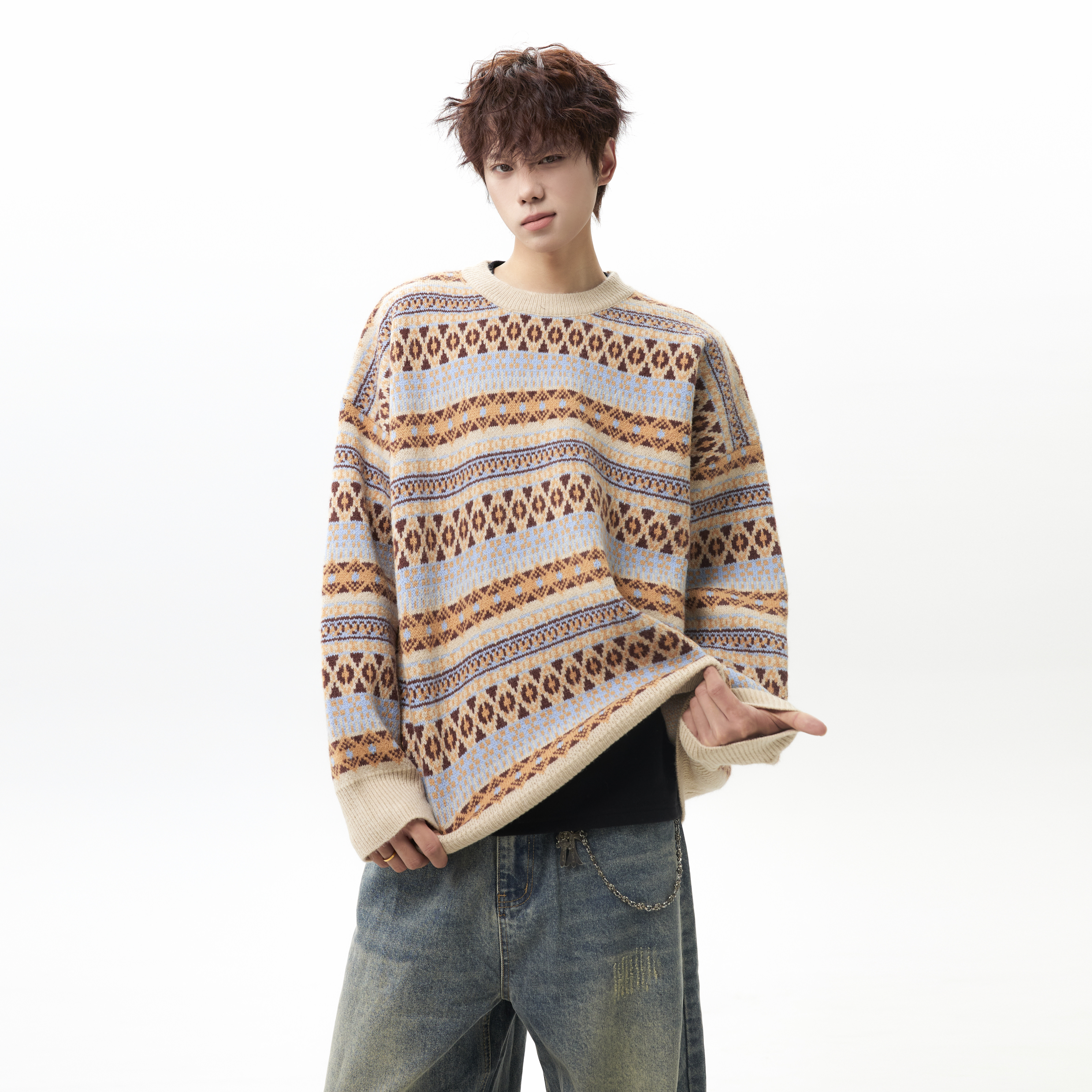 潮流复古费尔岛圆领毛衣A425-M26653-P78控98面料聚酯，男装针织衫/毛衣，电商A425