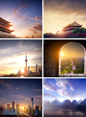 中国传统建筑自然风光长城天安门风景海报背景PSD设计元素材91903