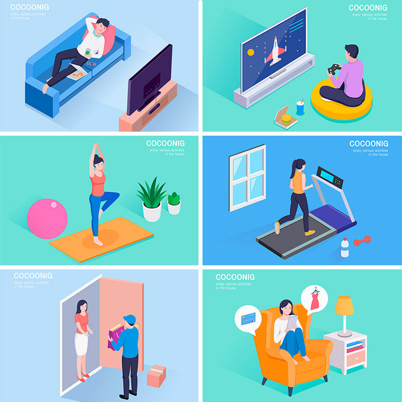 日常生活购物看电视游戏运动瑜伽跑步2.5D矢量插图设计素材91820