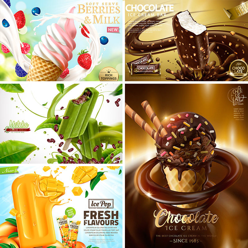 清凉夏日巧克力冰激凌球甜筒冷饮雪糕海报矢量设计素材模板91004