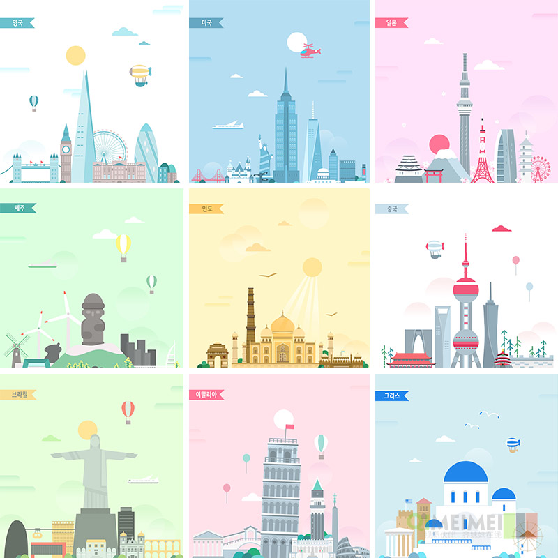 手绘卡通世界著名旅游景点城市建筑场景插图AI矢量设计素材102407