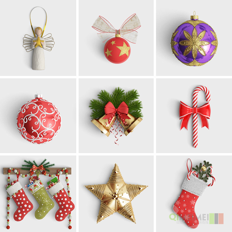 圣诞节礼物挂件配饰球雪花拐杖铃铛袜子树海报psd设计素材112904
