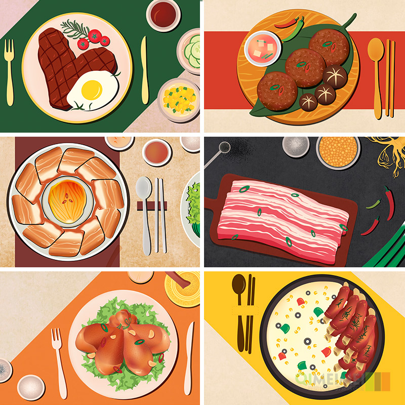 手绘餐饮美食牛排五花肉鸡腿排骨插图海报AI矢量设计元素材121011
