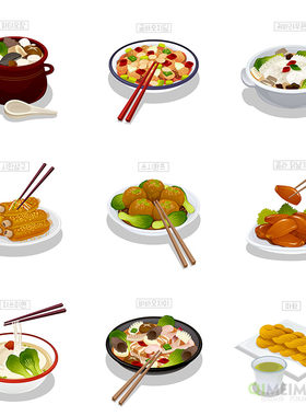手绘中国餐饮美食排骨鸡翅丸子麻花插图海报ai矢量设计素材951301