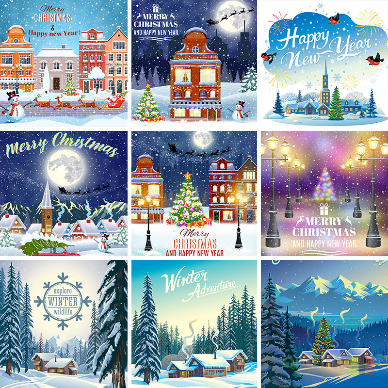 手绘卡通冬天下雪天圣诞节城市建筑场景插图ai矢量设计素材112902