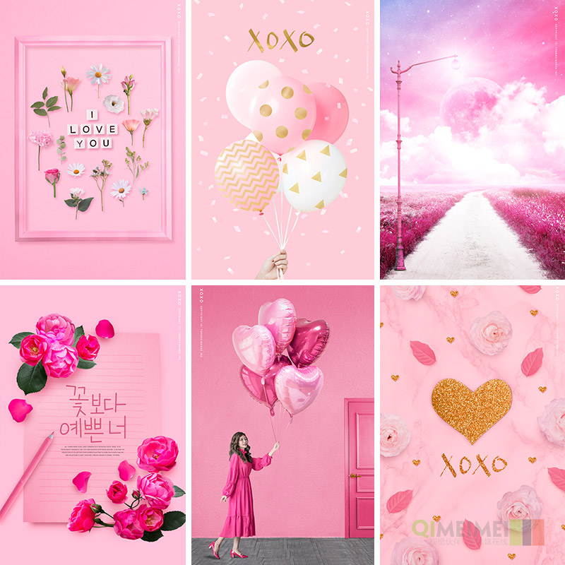 时尚粉色春天情人节love爱心鲜花气球海报背景psd设计素材930607
