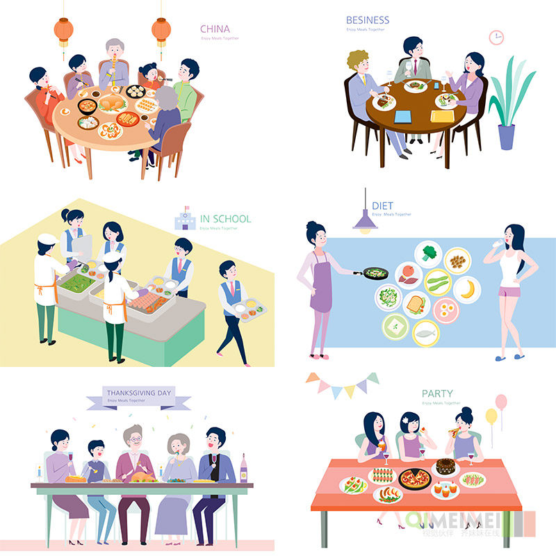 手绘卡通家庭同事情侣聚餐约会吃饭美食插图ai矢量设计素材120608