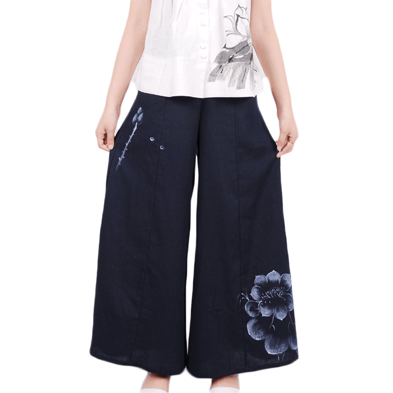 慈缘2026夏季新款裤子女阔腿裤宽松九分家居服休闲手绘民族风裤裙