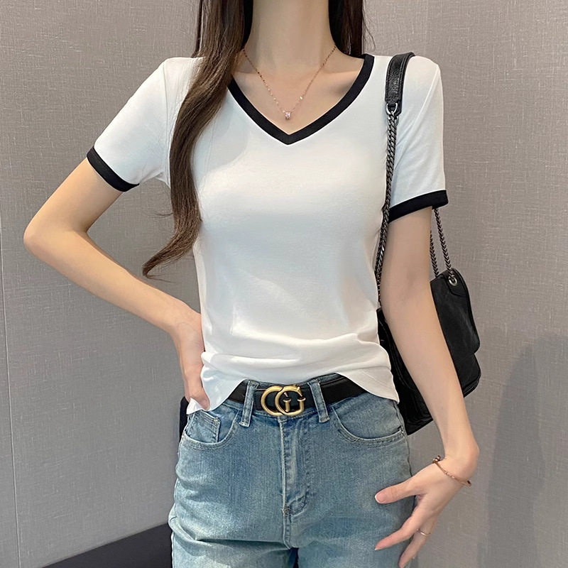 白色撞色V领短袖T恤女春夏新款修身显瘦设计感正肩低领上衣潮