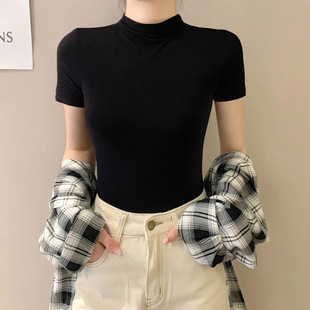 莫代尔黑色半高领短袖t恤女春夏2025冰丝中领上衣紧身半袖打底衫
