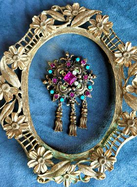 KY vintage 紫色彩宝维多利亚风格马耳他十字吊坠流苏胸针未打标