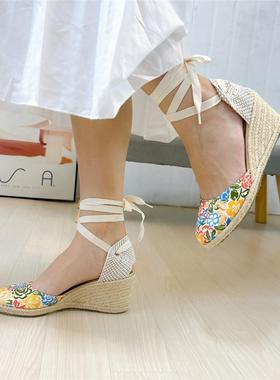 草编坡跟麻底鞋女度假风夏季新款黄色花布包头绑带休闲高跟女凉鞋