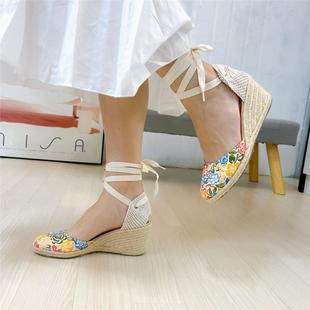 草编坡跟麻底鞋女度假风夏季新款黄色花布包头绑带休闲高跟女凉鞋