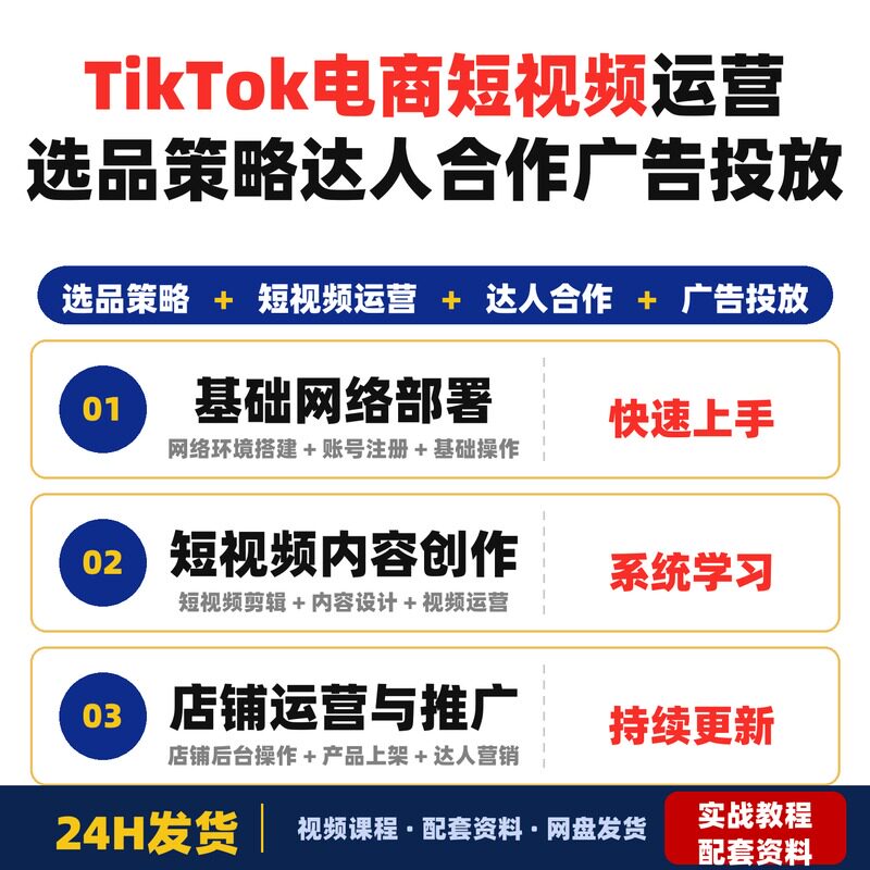 TikTok电商实战课程短视频运营+选品策略+达人合作+广告投放美区