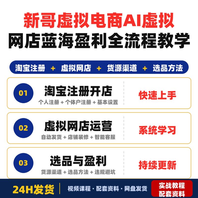 新哥虚拟电商AI虚拟网店蓝海盈利项目全流程教学淘宝注册开店货源