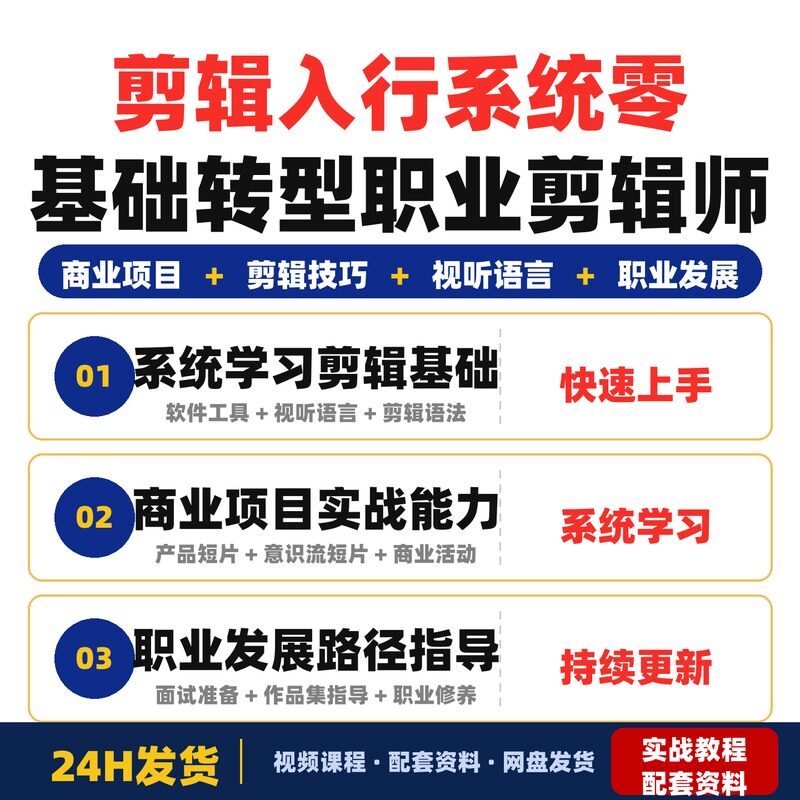 剪辑入行系统课程零基础转型职业剪辑师全流程实战商业项目完整版
