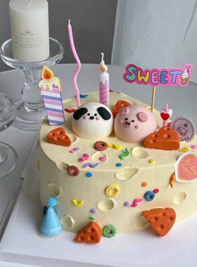 卡通可爱狗狗小猪头奶酪蛋糕装饰摆件HBD插件SWEET冰激凌蜡烛插牌