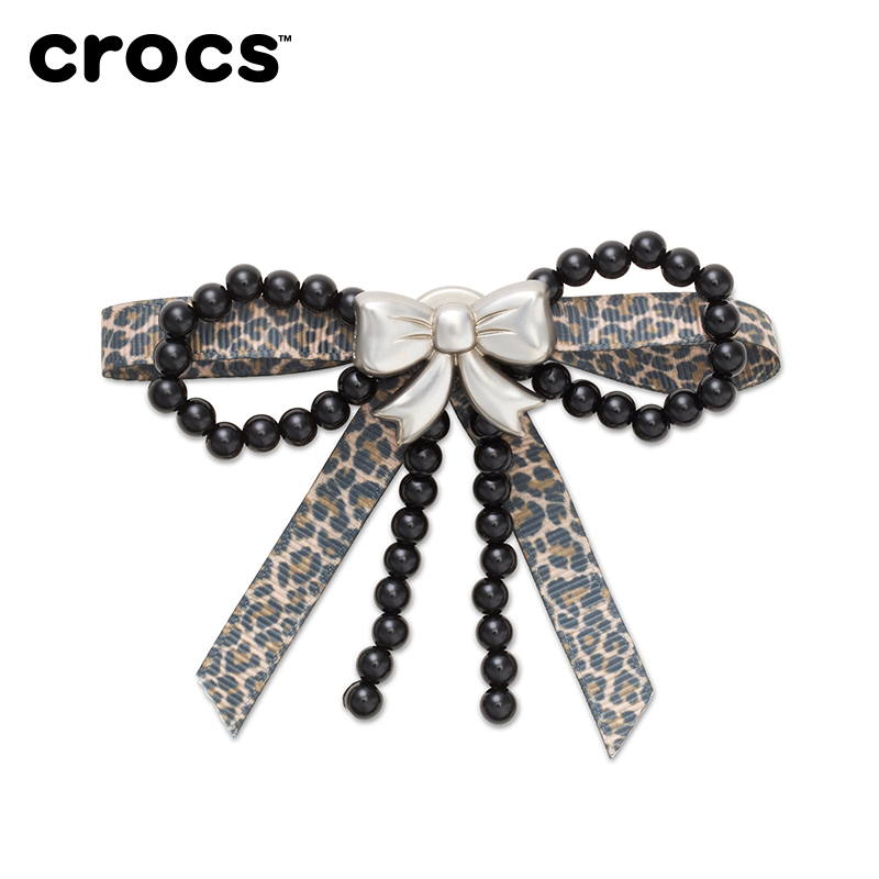白鹿同款Crocs卡骆驰智必星配件洞洞鞋花 银色豹纹蝴蝶结