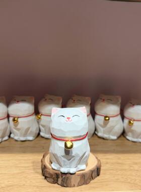 手工木雕白猫木质小猫咪办公室工位电脑桌面摆件创意装饰品可爱女