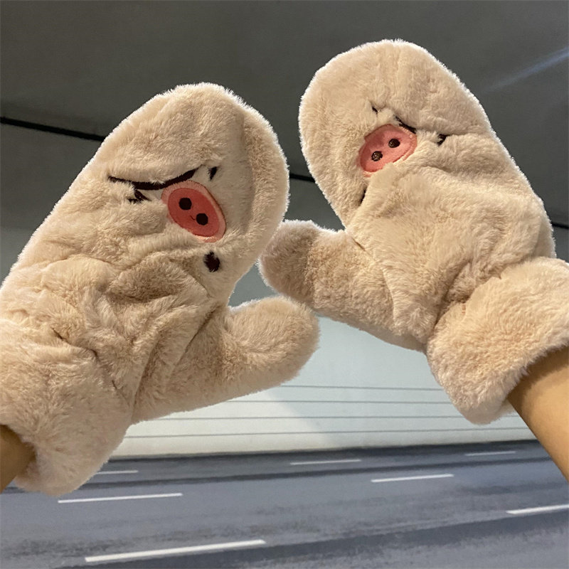 可爱表情毛绒手套女韩版秋冬学生百搭骑车防风防寒加厚保暖连指男