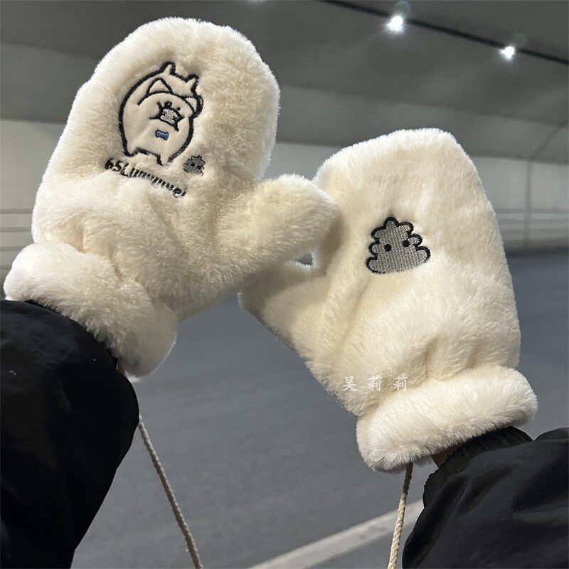 毛绒手套女冬季可爱小猪挂脖加厚保暖学生骑车防寒冬天全指连指男