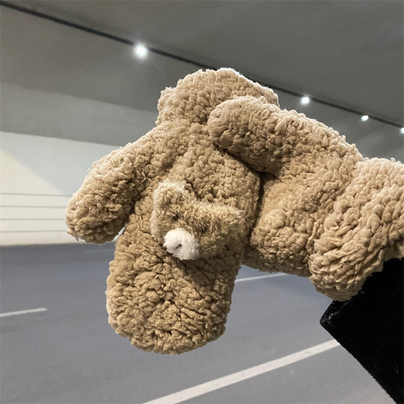 可爱别针小熊毛绒手套女ins冬季骑车防风防寒韩版加厚保暖男连指