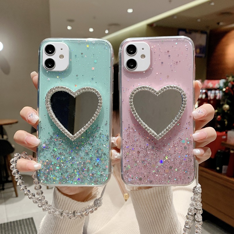 水钻爱心镜子适用iphone15手机壳14proMAX透明滴胶苹果13闪粉亮片11硅胶套12补妆镜面8plus简约7P挂绳6防摔女