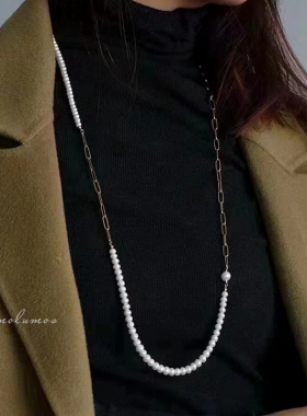 天然淡水珍珠长款毛衣链链条拼接一款多戴法式简约高级百搭