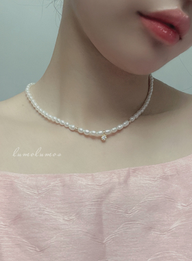 天然淡水复古小米粒珍珠项链女轻奢锆石小米珠颈链锁骨链法式气质