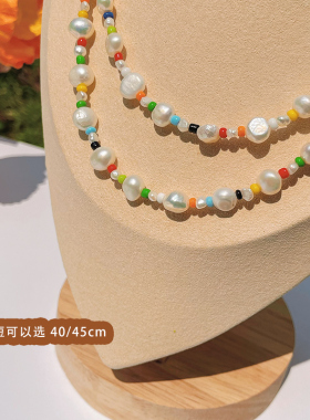 天然淡水珍珠项链手链糖果色夏天彩色串珠锁骨链巴洛克ins韩版潮