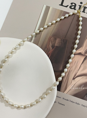 4-5mm天然强光淡水珍珠包金珠米珠项链欧美轻奢高级感锁骨链叠戴