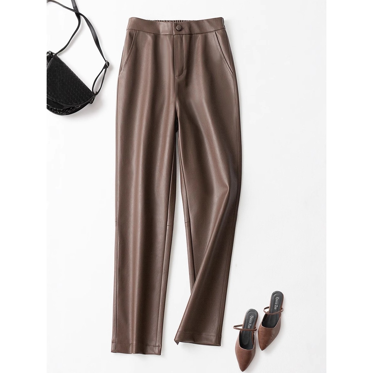 秋冬海宁真皮皮裤女高腰直筒长裤宽松显瘦烟管裤休闲裤厚高级感高,女装/女士精品,休闲裤,淘宝优惠券,粉丝福利购,淘宝优惠卷