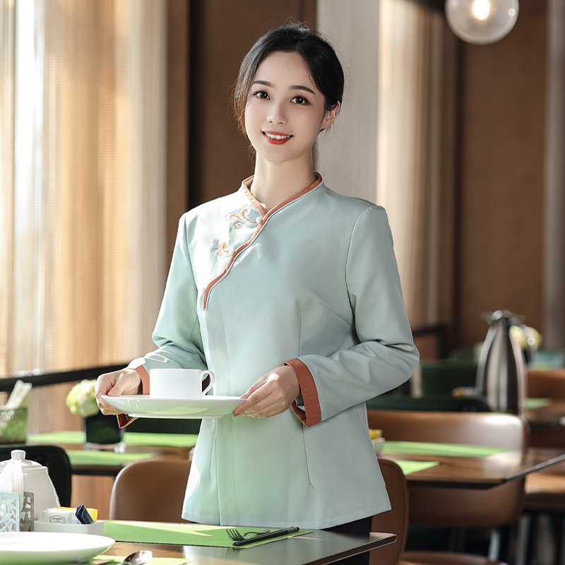 高档中式餐厅服务员工作服秋冬季长袖餐饮饭店火锅店制服套装定制