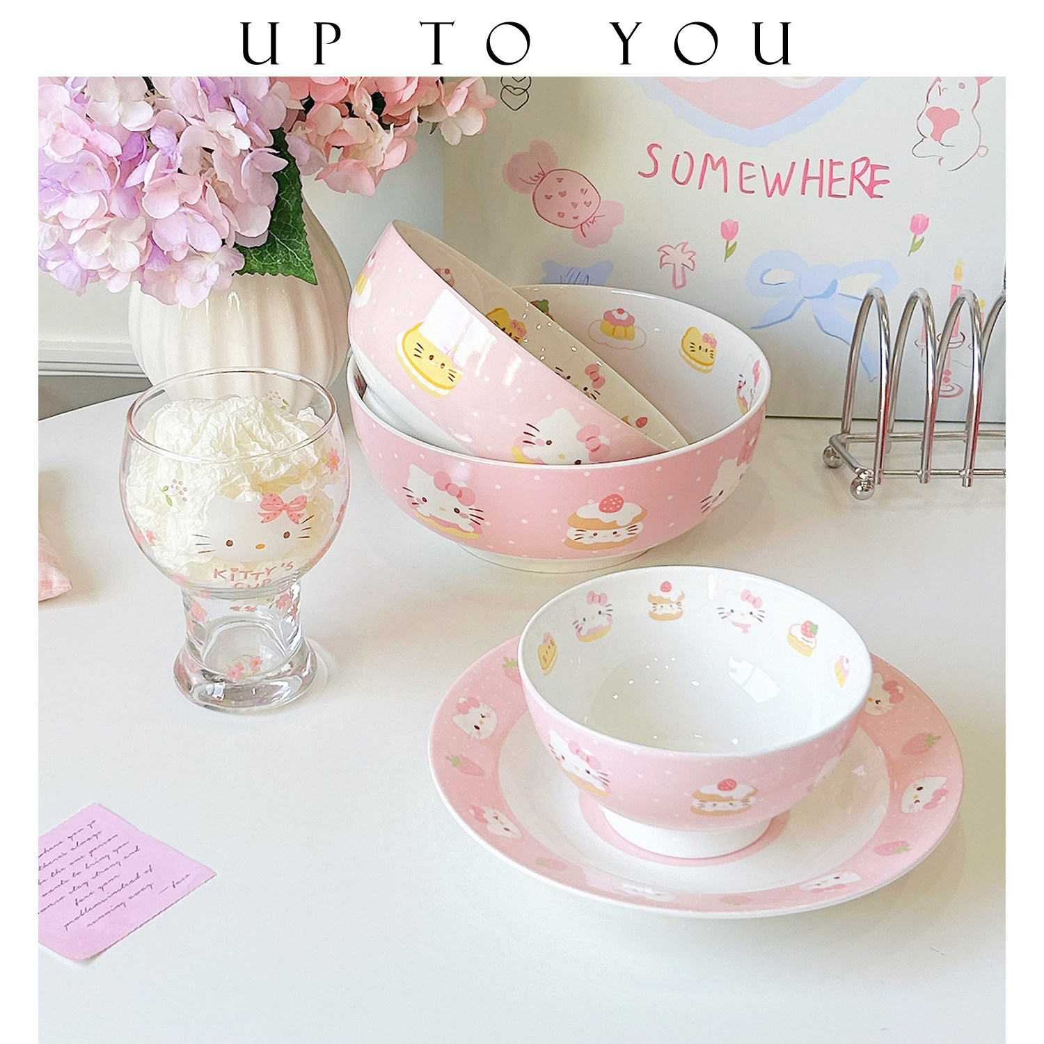 SHˇ少女心卡通猫陶瓷大容量碗家用汤面碗玻璃啤酒饮料杯餐盘组合