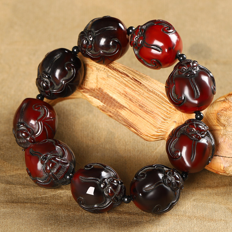 天然牦牛角精雕蝙蝠寿桃手链牛角福寿有财骨质文玩角雕把玩手串