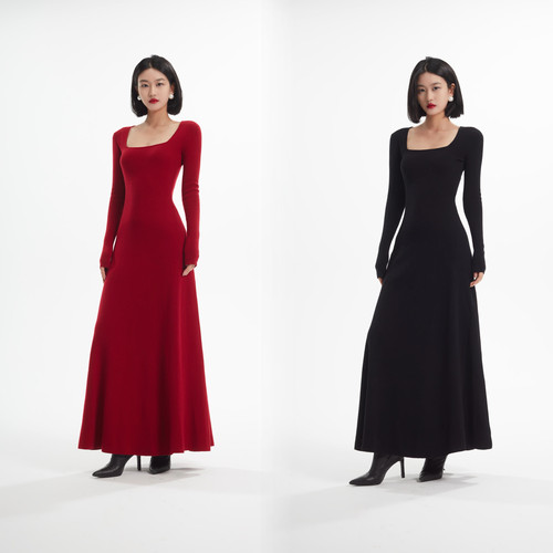 Louis Helin 法式复古赫本风针织方领长袖包臀A字大摆超长连衣裙