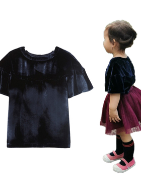 女童春夏丝绒圆领上衣轻奢桑蚕丝洋气法式荷叶边喇叭短袖上衣