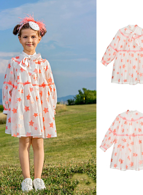 女童洋气连衣裙offwhite春秋长袖提花蝴蝶结长裙公主裙8-12岁