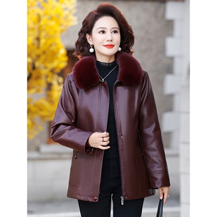 中老年皮衣外套女秋冬新款 50岁60妈妈品质皮衣夹克加绒加厚皮棉衣