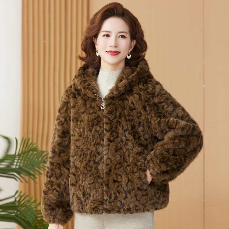 2025秋冬新款女装潮牌宽松短款毛绒豹纹夹克棉衣棉服妈妈连帽外套
