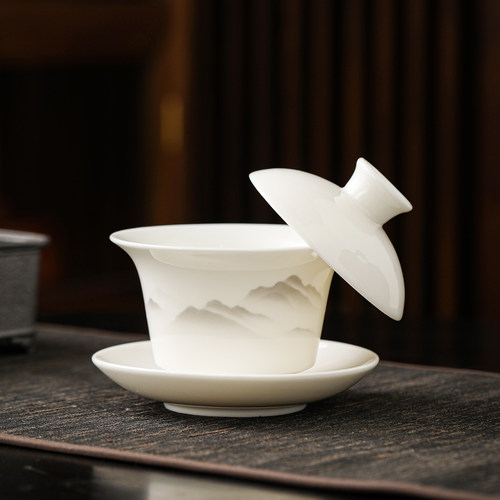 羊脂玉瓷可悬停盖碗茶杯