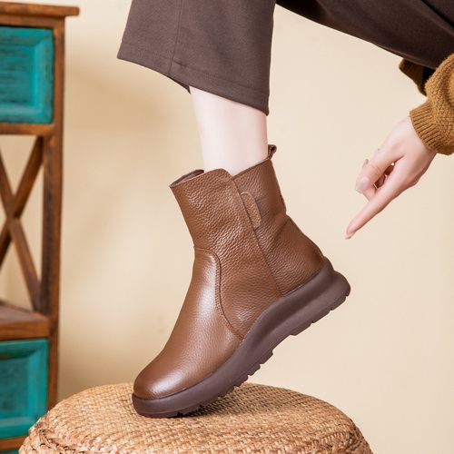 真皮厚底短靴女真皮羊毛女棉靴