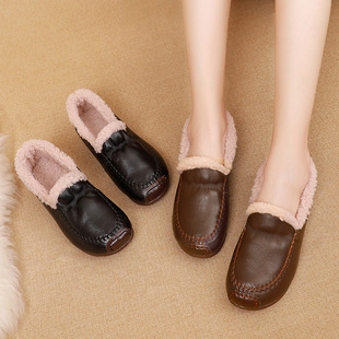 牛筋软底羊羔绒保暖中老年套脚懒人皮鞋 真皮女鞋 加绒妈妈棉鞋 冬季