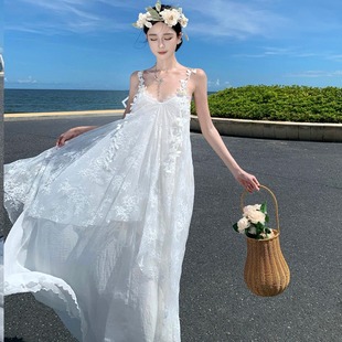 吊带连衣裙宽松海边拍照长裙子 白色晨袍女新娘超仙气绝美网纱长款