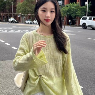 外搭防晒罩衫 初春穿搭绿色镂空针织衫 薄款 上衣宽松长袖 慵懒风夏季