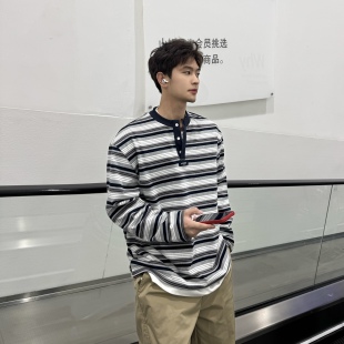 复古上衣 百搭套头衫 飞型记美式 潮牌撞色亨利条纹卫衣男2026春季