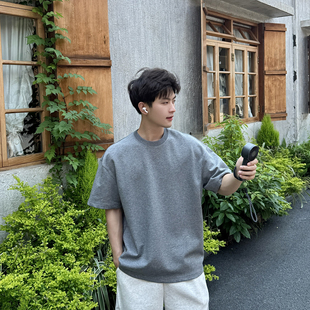 飞型记空气层短款美式简约圆领短袖T恤男夏季重磅宽松百搭上衣