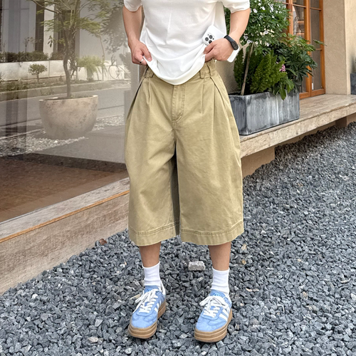 飞型记日系工装风阔腿短裤男夏季宽松百搭七分裤休闲卡其色裤子