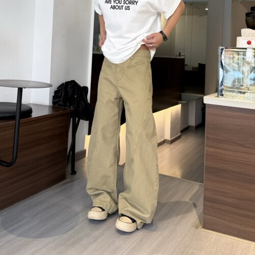 飞型记廓形美式分割复古卡其色弯刀休闲裤男女宽松阔腿纯棉长裤